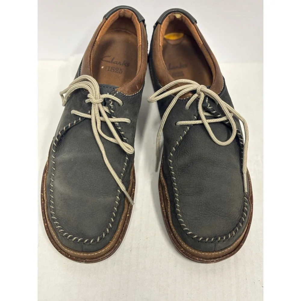 Clarks 1825 Moccasin Mens 11 Trapell Pace Grey Brown Leather Lace Up Casual